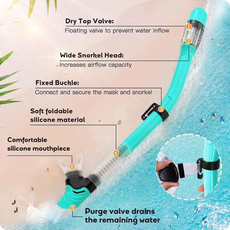 Seovediary Kids Snorkel Set, Anti-Fog Panoramic Tempered Glass Kids Snorkel mask, Anti-Leak Scuba Diving Mask with Mesh Bag, Dry Top Snorkeling Gear for Kids and Youth Age 4-16 - Image 4